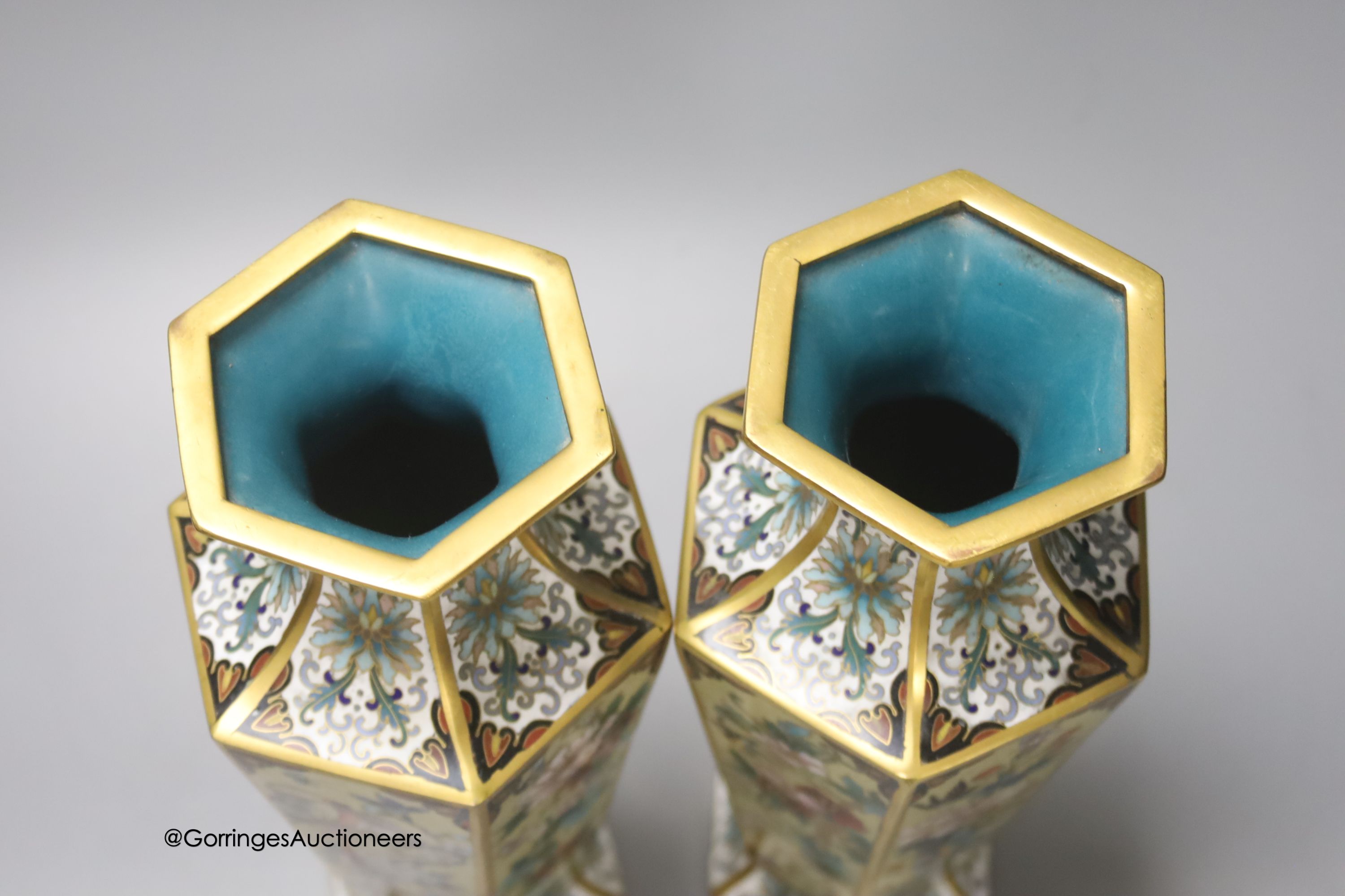 A pair of Chinese cloisonne enamelled hexagonal vases, 26cm